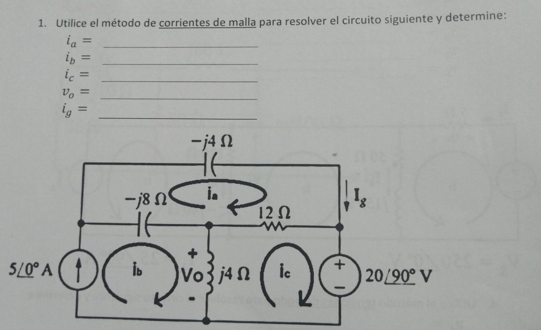 1. Utilice el método de corrientes de malla para resolver el circuito siguiente y determine: \[ \begin{array}{l} i_{a}= \\ i_