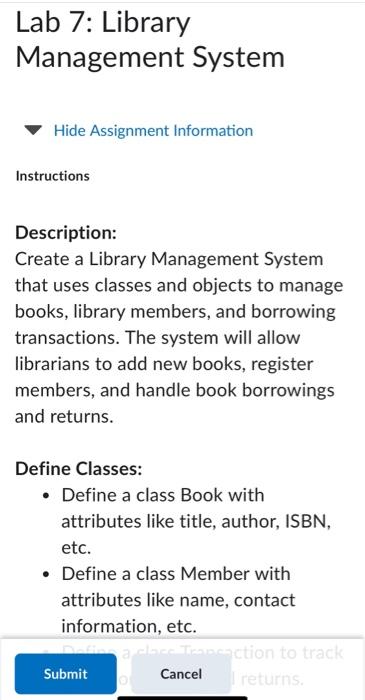 Solved Lab 7: Library Management System Hide Assignment | Chegg.com