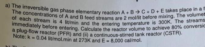 Solved a) The irreversible gas phase elementary reaction A+B | Chegg.com