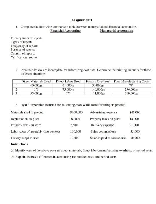 Solved Assginment1 1. Complete the following comparison | Chegg.com