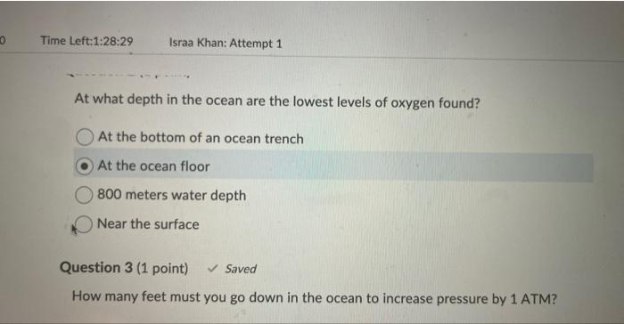 Solved At what depth in the ocean are the lowest levels of | Chegg.com