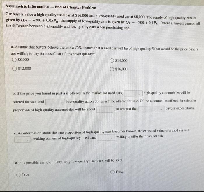 Solved Asymmetric Information End of Chapter Problem Car