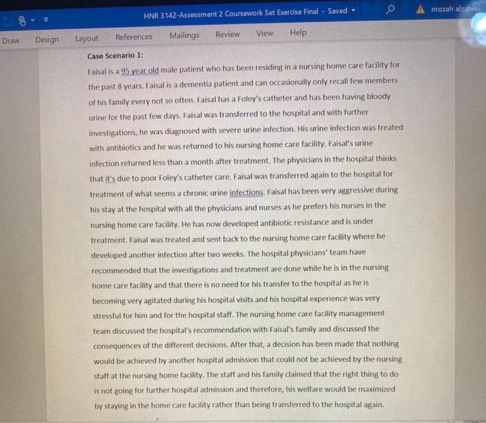 A mozah alzahmi HNR 3142-Assessment 2 Coursework Set Exercise Final - Saved View Draw Design Layout References Mailings Revie