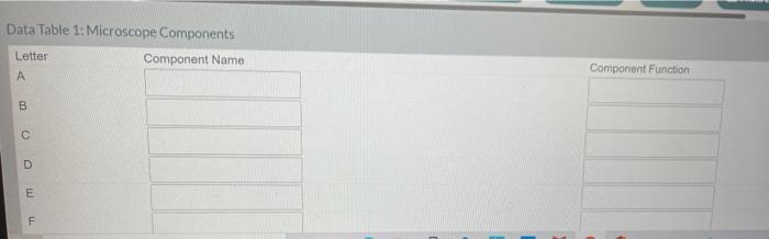 Solved Data Table 1: Microscope Components Letter Component | Chegg.com