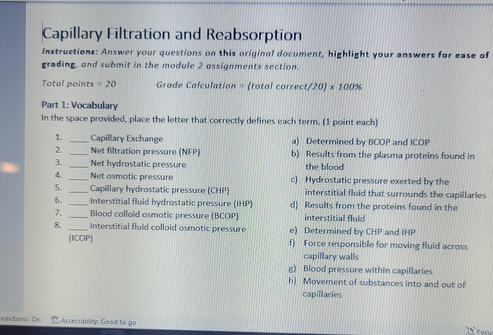 Solved Capillary Filtration and Reabsorption Instructions