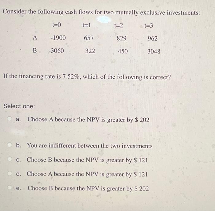 Solved Consider the following cash flows for two mutually | Chegg.com