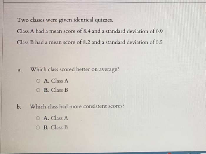 Solved Two Classes Were Given Identical Quizzes. Class A Had | Chegg.com