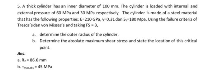 Solved 5. A thick cylinder has an inner diameter of 100 mm. | Chegg.com