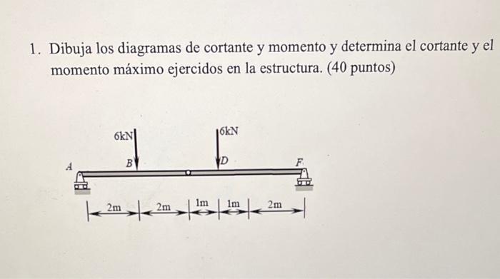 1. Dibuja los diagramas de cortante y momento y determina el cortante y el momento máximo ejercidos en la estructura. (40 pun