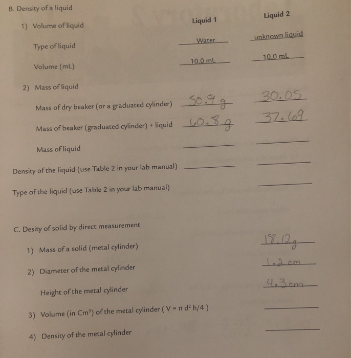 Solved B. Density Of A Liquid Liquid 2 Liquid 1 1) Volume Of | Chegg.com