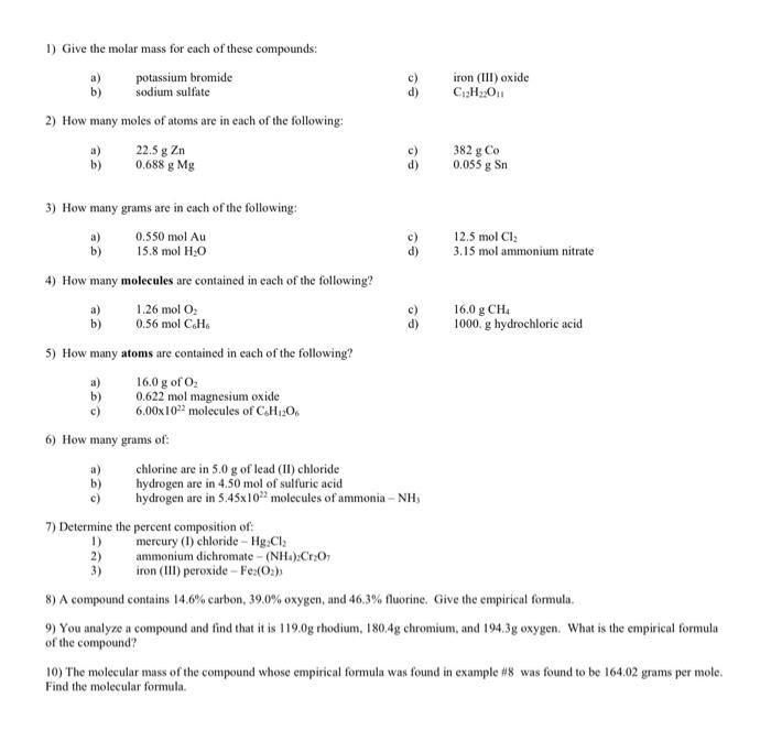 Solved 1 Give The Molar Mass For Each Of These Compounds 5661