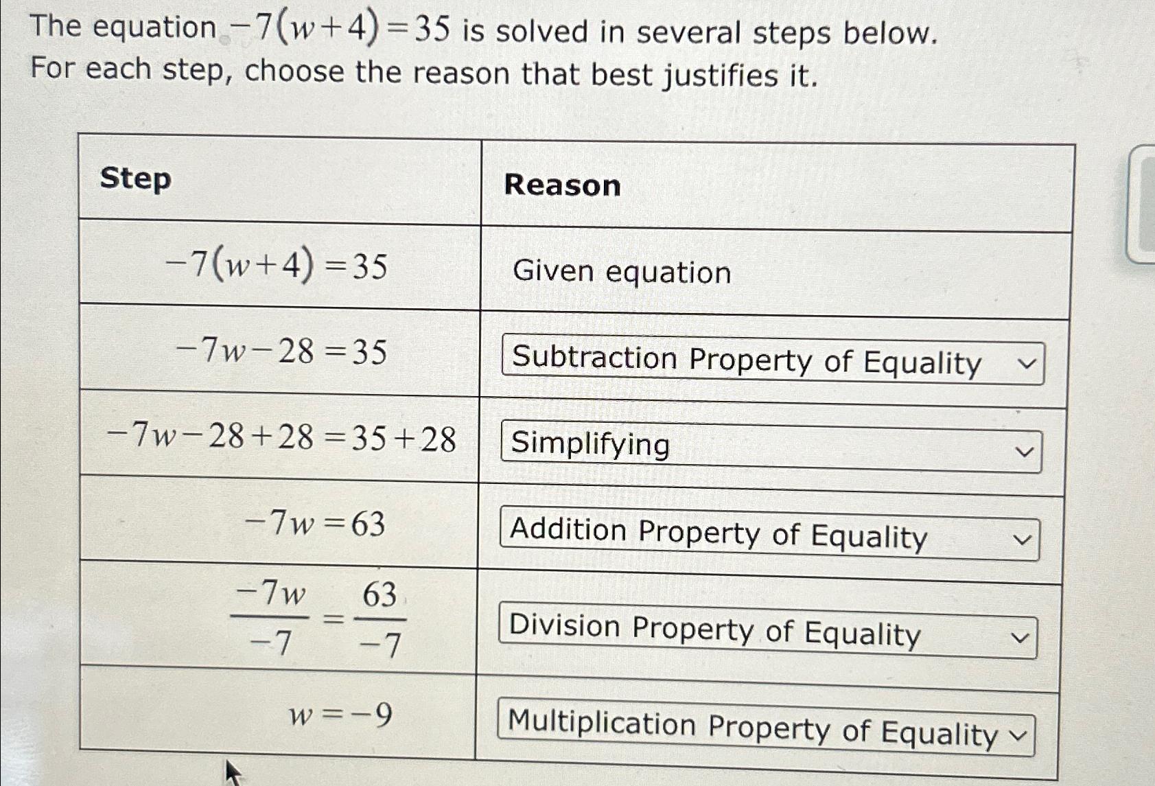 Solved The equation -7(w+4)=35 ﻿is solved in several steps | Chegg.com