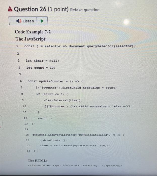 Solved Question 1 (1 point) Retake question For the | Chegg.com