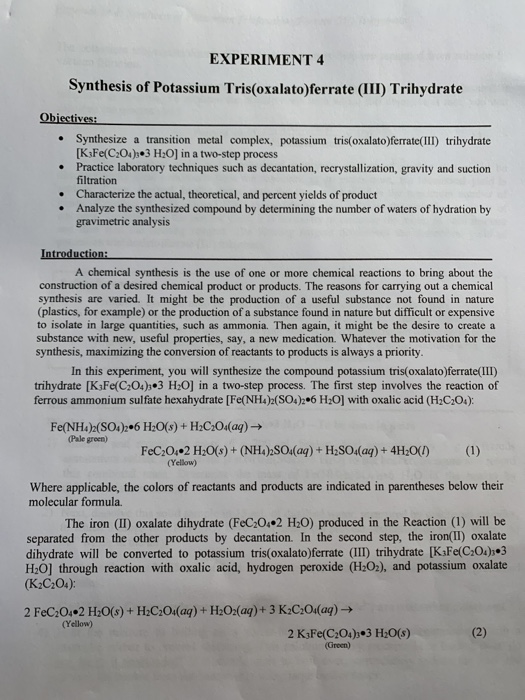 EXPERIMENT 4 Synthesis of Potassium