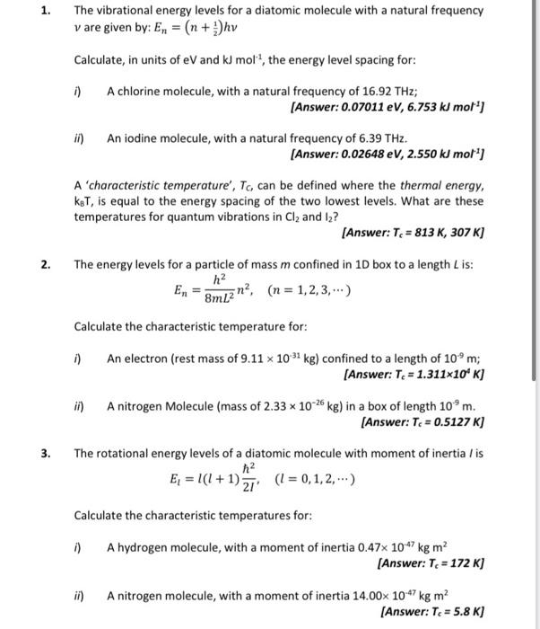 Solved 1. The vibrational energy levels for a diatomic | Chegg.com