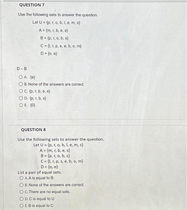 Solved Use the following sets to answer the question. Let | Chegg.com