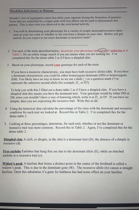 Solved Mendelian Inheritance in Humans Mendel's law of | Chegg.com