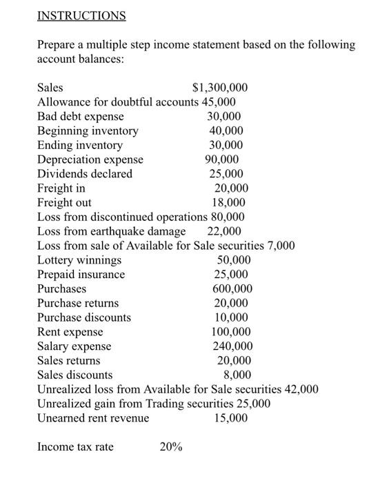 Solved INSTRUCTIONS Prepare a multiple step income statement | Chegg.com