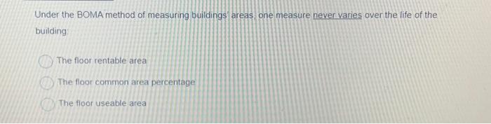 Solved Under the BOMA method of measuring buildings areas | Chegg.com