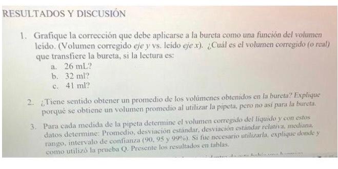 1. Grafique la corrección que debe aplicarse a la bureta como una función del volumen leido. (Volumen corregido eje y vs. lei