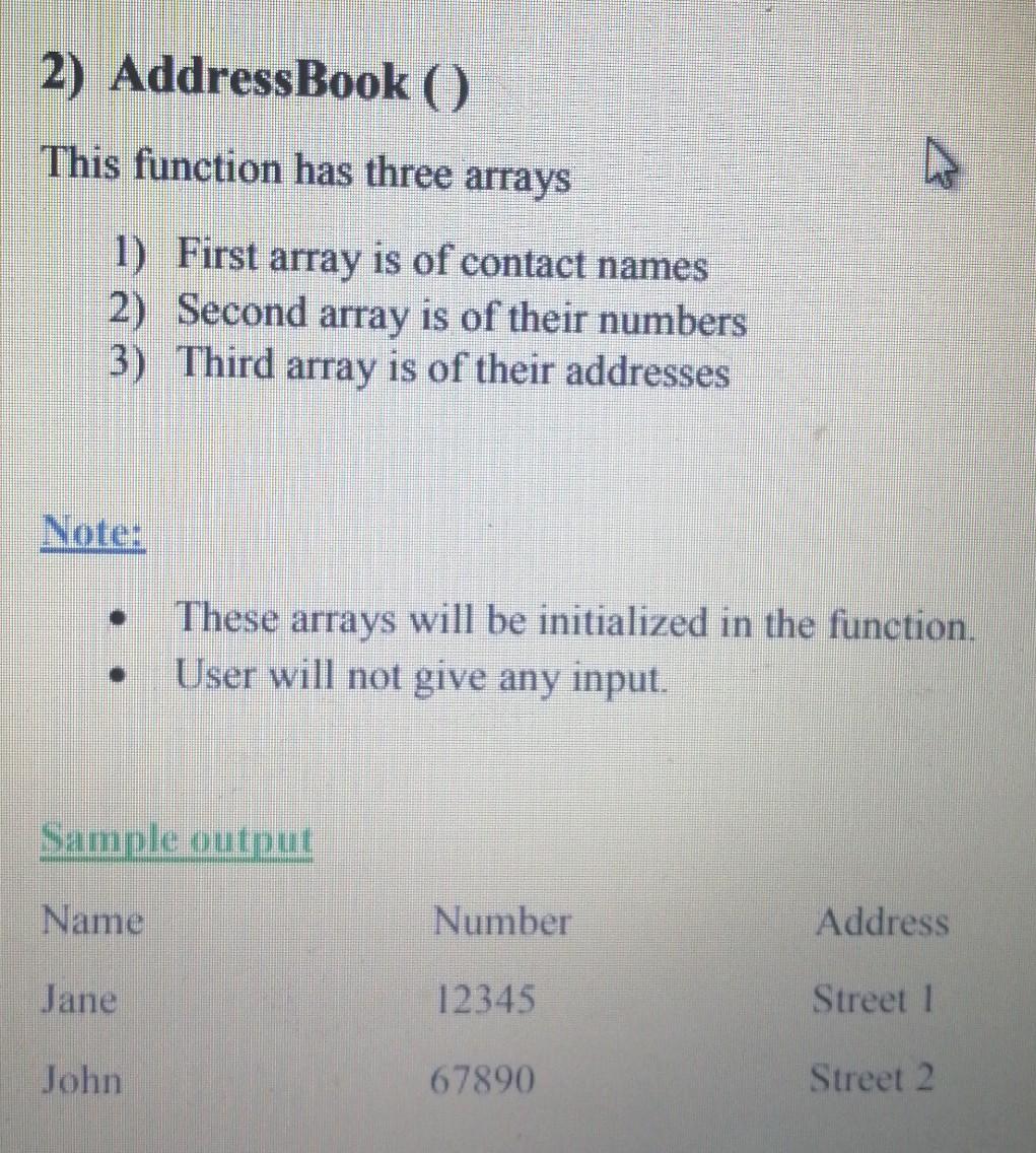 2) AddressBook ( ) This function has three arrays 1) | Chegg.com