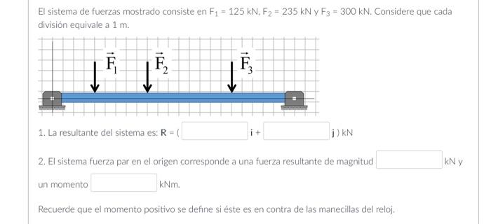 El sistema de fuerzas mostrado consiste en \( F_{1}=125 \mathrm{kN}, F_{2}=235 \mathrm{kN} \) y \( F_{3}=300 \mathrm{kN} \).