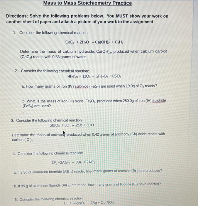 Solved Mass to Mass Stoichiometry Practice Directions: Solve | Chegg.com