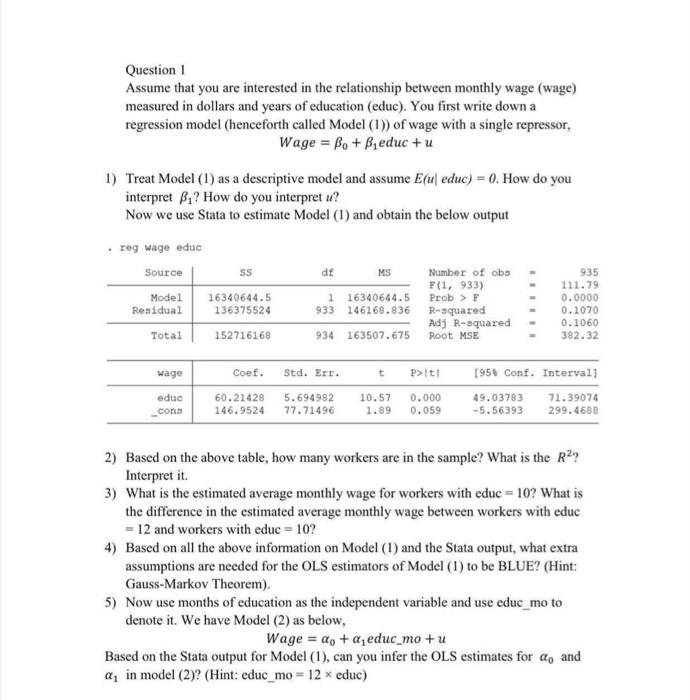 Solved Question 1 Assume that you are interested in the | Chegg.com