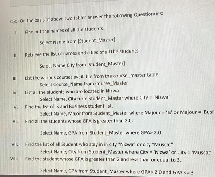 Solved Q3:- On the basis of above two tables answer the | Chegg.com