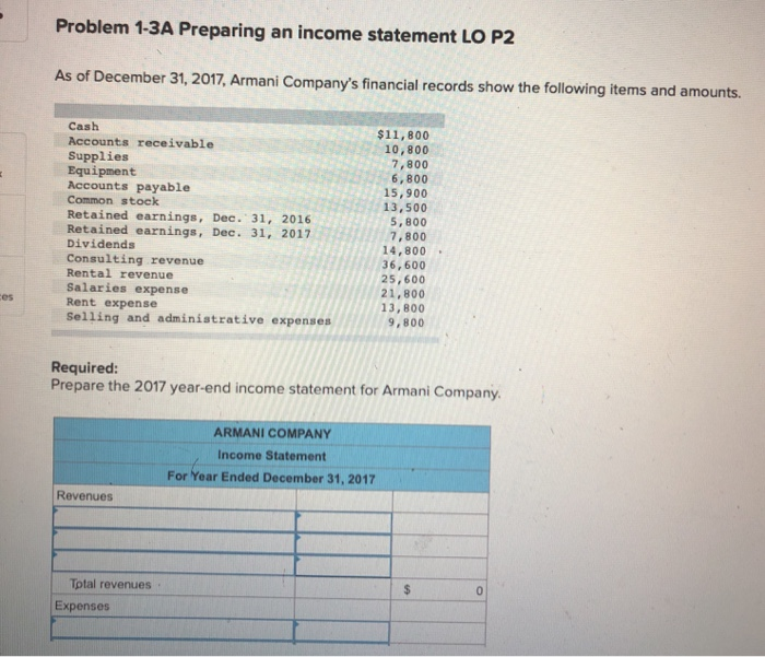 Solved Problem 1-3A Preparing An Income Statement LO P2 As | Chegg.com