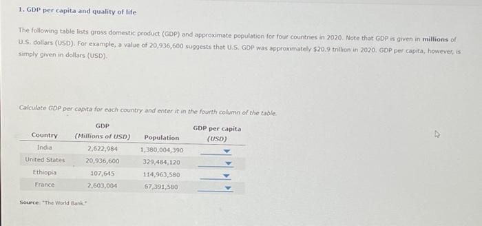 Solved 1. GDP per capita and quality of life The following | Chegg.com