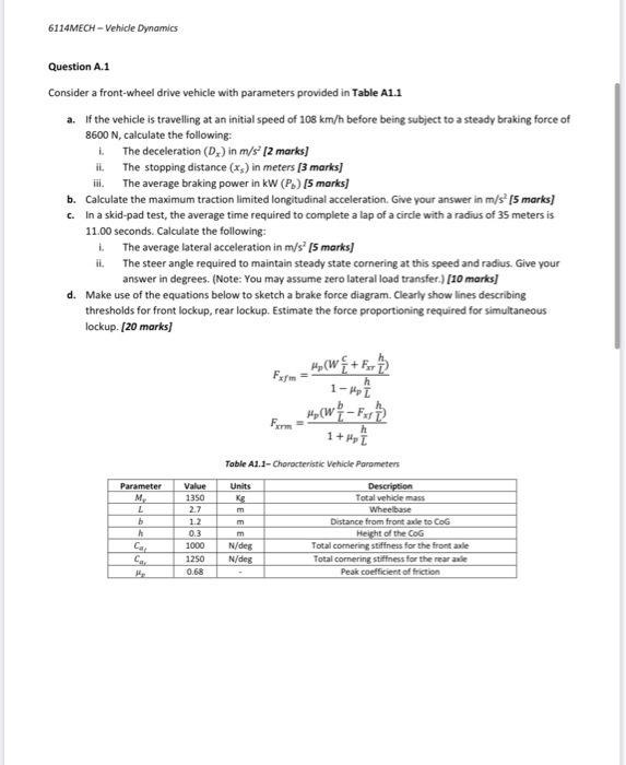 Solved 6114MECH Vehicle Dynamics Question A.1 Consider a