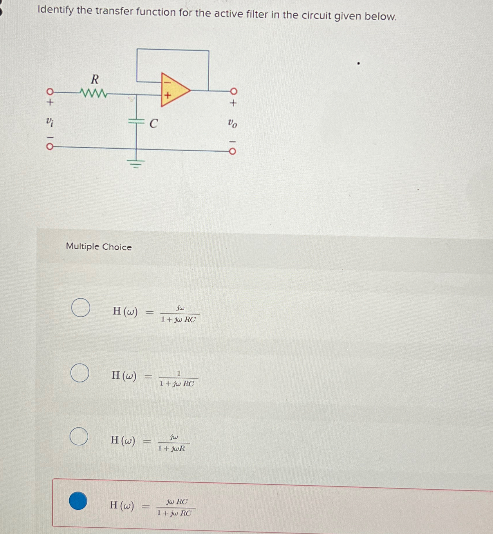 Solved Identify the transfer function for the active filter | Chegg.com