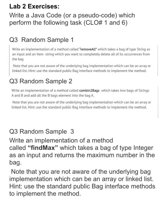 Solved Lab 2 Exercises: Write a Java Code (or a pseudo-code) | Chegg.com