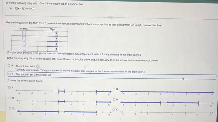 Solve the following inequality. Graph the solution sot on a number line.
\[
(x-2)(x-3)(x-8) \leq 0
\]
Use the inequally in th