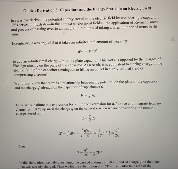 Solved Guided Derivation 3 Capacitors and the Energy Stored