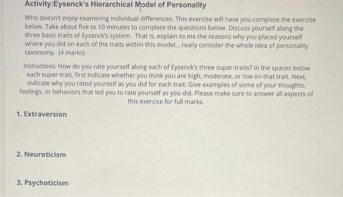 Activity:Eysenck's Hierarchical Model of Personality | Chegg.com