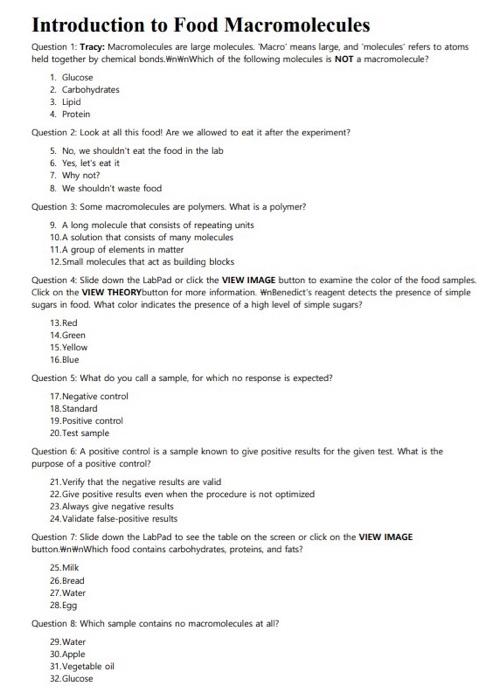 Solved Introduction To Food Macromolecules Question 1: | Chegg.com