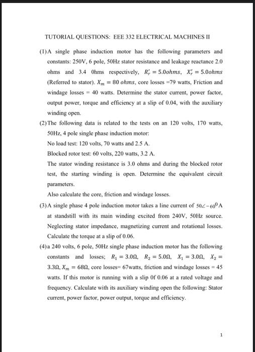 Solved TUTORIAL QUESTIONS EEE 332 ELECTRICAL MACHINES II