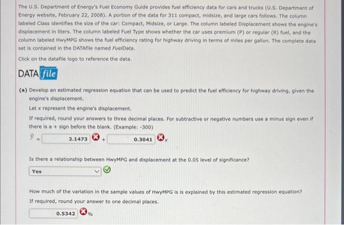 The U.S. Department of Energy's Fuel Economy Guide | Chegg.com
