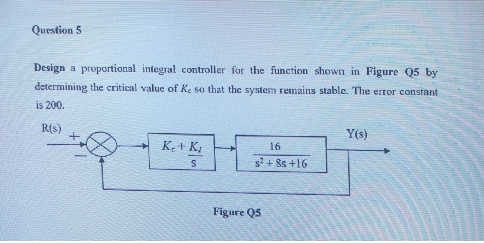 Solved Question 5 Design a proportional integral controller | Chegg.com