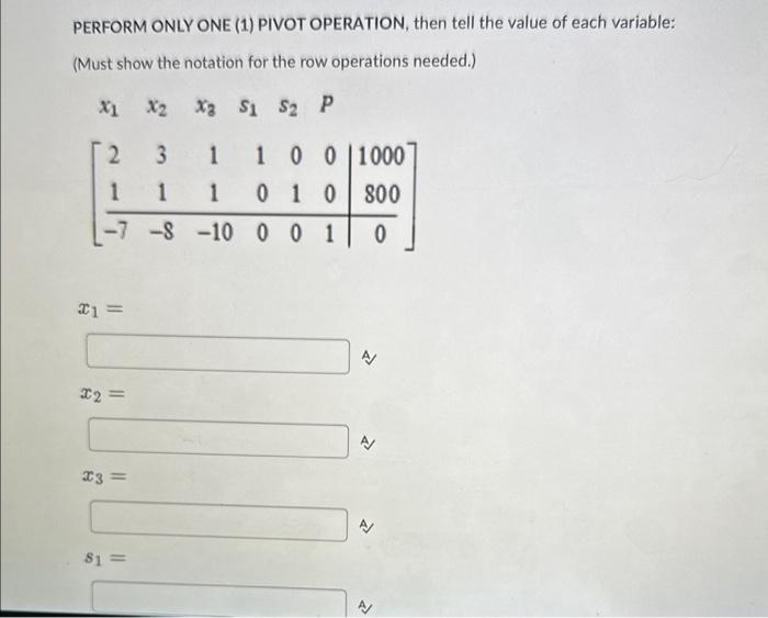 PERFORM ONLY ONE (1) PIVOT OPERATION, then tell the | Chegg.com