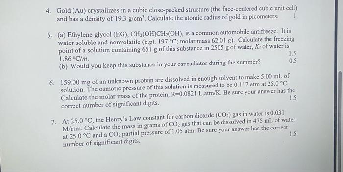 Solved 4. Gold (Au) crystallizes in a cubic close-packed | Chegg.com