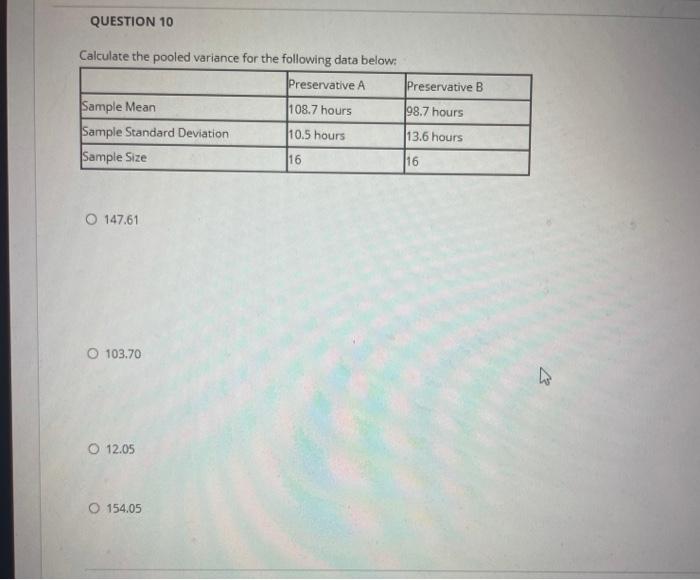 Solved QUESTION 10 Calculate the pooled variance for the | Chegg.com