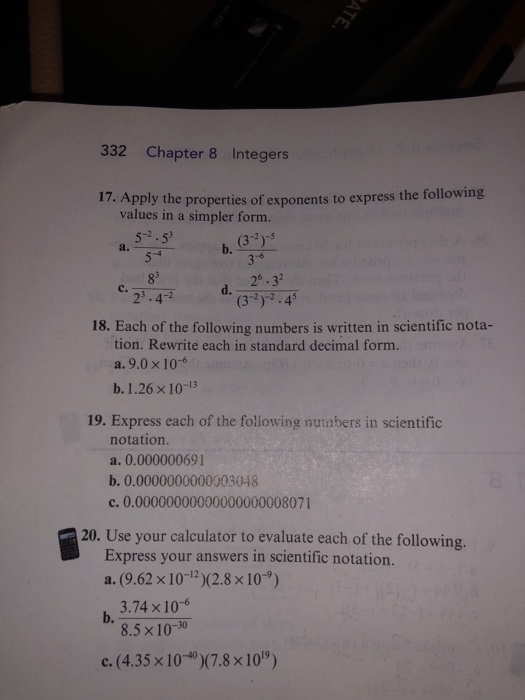 Solved PATE. 332 Chapter 8 Integers 17. Apply the properties | Chegg.com