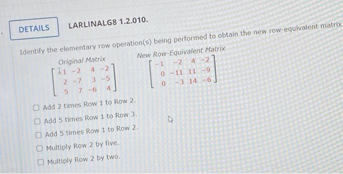 Solved DETAILS LARLINALG8 1.2.010. Identify the elementary Chegg