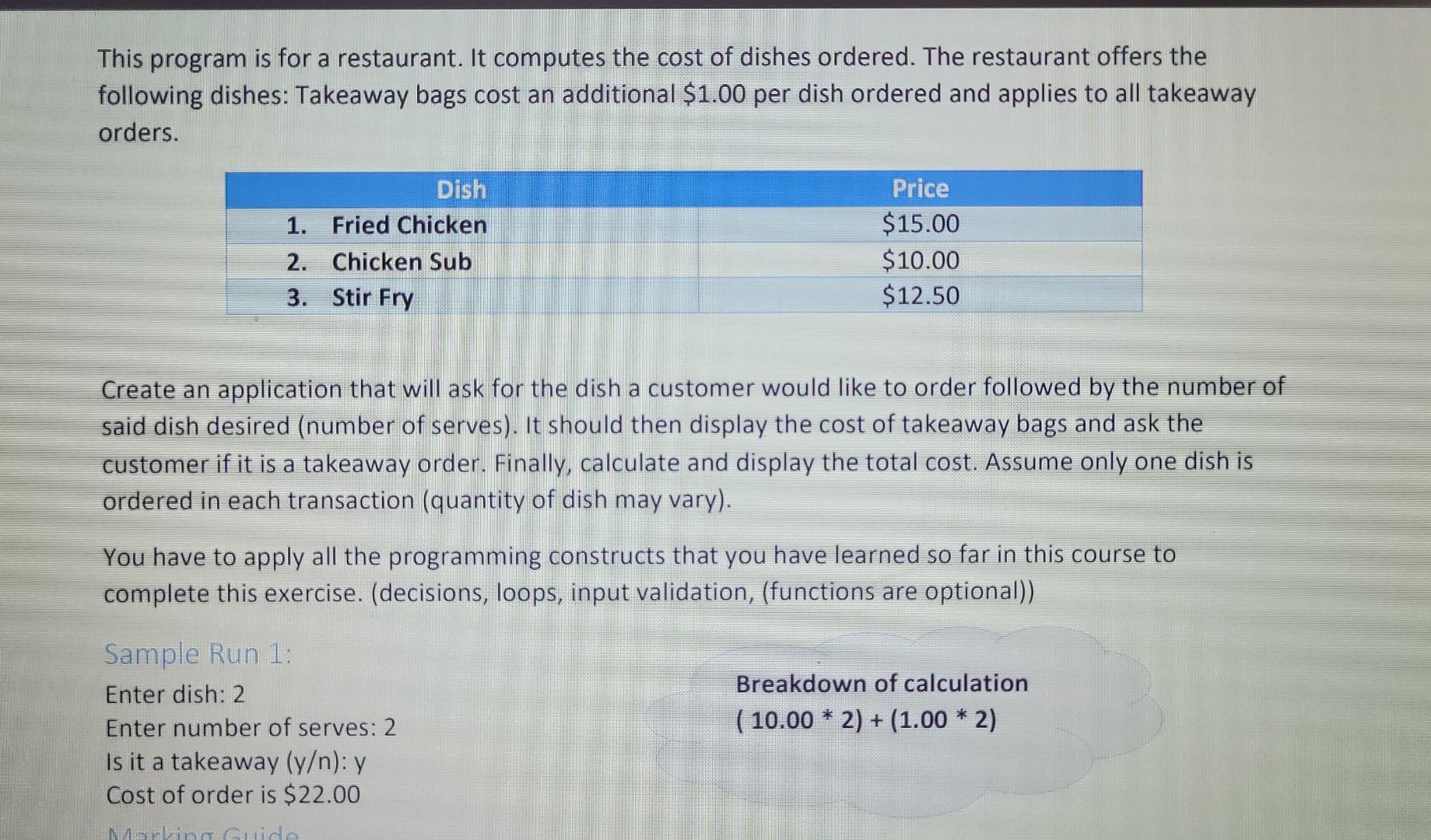 Solved Calculate the cost of the following dishes shown in