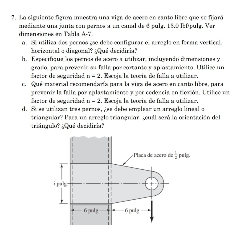7. La siguiente figura muestra una viga de acero en canto libre que se fijará mediante una junta con pernos a un canal de 6 p