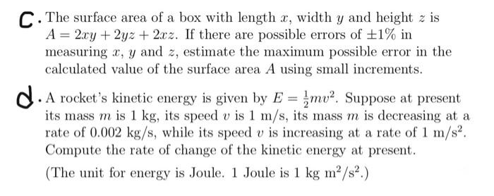 Solved C. The surface area of a box with length x, width y | Chegg.com