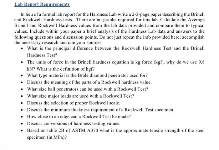 Solved In lieu of a formal lab report for the Hardness Lab | Chegg.com